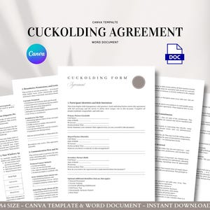 Puede incluir: Varios documentos de papel blanco con el texto "CUCKOLDING AGREEMENT" y "CUCKOLDING FORM" en negro. La imagen incluye un logotipo de Canva y un icono de DOC. También es visible el texto "A4 SIZE - CANVA TEMPLATE & WORD DOCUMENT - INSTANT DOWNLOAD".