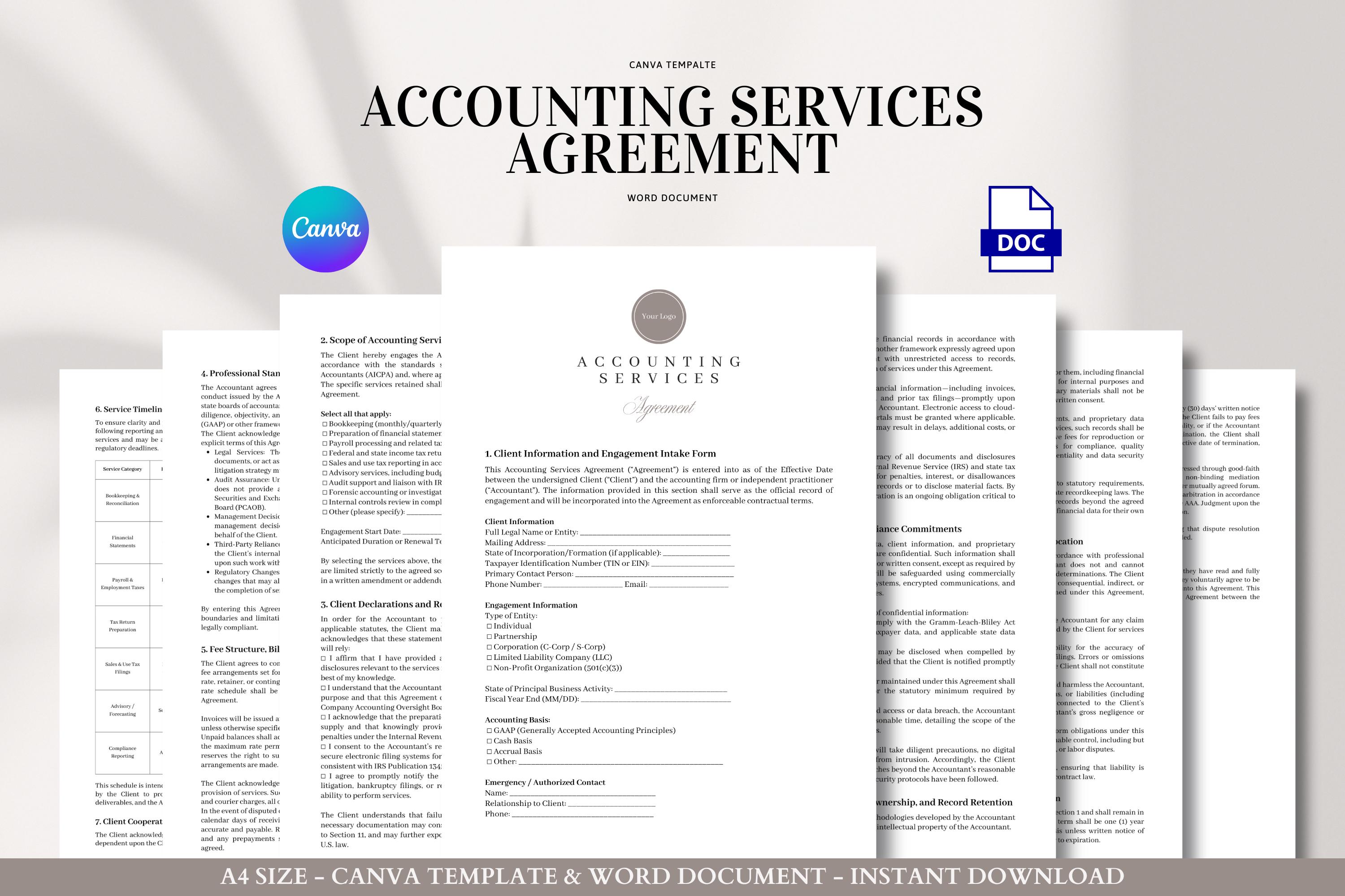 Contractsjabloon boekhoudservicesovereenkomst voor accountants, accountants  en financieel adviseurs | Bewerkbaar in Word en canvas - Etsy België, image size:3000x2000