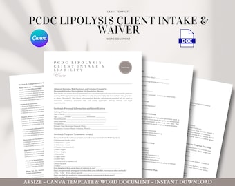 Formulário de admissão de lipólise PCDC, isenção de consentimento para dissolução de gordura editável, modelo de injeção estética, formulário de spa médico