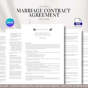 May include: A stack of white paper documents with the text "MARRIAGE CONTRACT AGREEMENT" in black. The Canva and DOC logos are visible. The documents are a template for a marriage agreement.