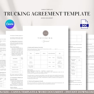 Puede incluir: Un conjunto de documentos de papel blanco con el texto "Trucking Agreement Template" y "Word Document". Los documentos incluyen un logotipo de Canva y un icono de DOC. El texto "A4 SIZE - CANVA TEMPLATE & WORD DOCUMENT - INSTANT DOWNLOAD" está en la parte inferior.