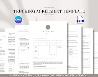 以下が含まれることがあります： 「Trucking Agreement Template」と「Word Document」のテキストが記載された白い紙の書類の束。書類にはCanvaのロゴとDOCアイコンが含まれています。「A4 SIZE - CANVA TEMPLATE & WORD DOCUMENT - INSTANT DOWNLOAD」のテキストが下にあります。