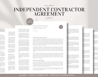 Peut inclure: Un modèle imprimable pour un contrat de travail indépendant. Le document est conçu pour être utilisé avec Canva et est disponible en téléchargement instantané. Le texte sur la page indique "Contrat de travail indépendant".
