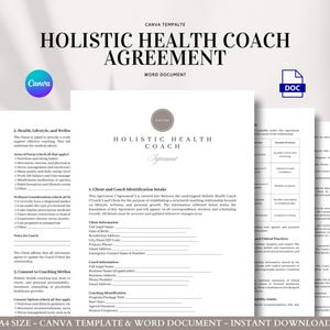 Modèle de contrat d'accord de coach en santé holistique pour le coaching en bien-être, les programmes de style de vie, le consentement du client et les exonérations de responsabilité