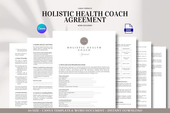 Holistic Health Coach Agreement Contract Template for Wellness Coaching, Lifestyle Programs, Client Consent, and Liability Waivers