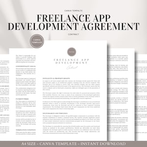 May include: A digital document titled "Freelance App Development Agreement" with the text "Canva Template" and "Contract". The document is in a neutral colour palette with a clean, modern design. The text includes "A4 Size - Canva Template - Instant Download".