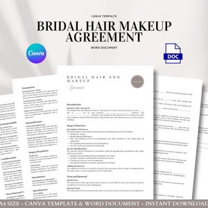Modello di contratto per trucco e acconciatura da sposa, contratto di matrimonio, programma di prova, termini di pagamento, consenso del cliente
