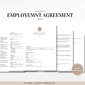 Puede incluir: Una plantilla de contrato de empleo imprimible en blanco y negro para Canva. La plantilla incluye secciones para responsabilidades, compensación y beneficios, terminación, confidencialidad y más.