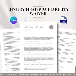 Luxury Head Spa Liability Waiver Template Canva and Word | Editable Consent Form for Scalp Treatments, Aromatherapy Massage Steam Therapy