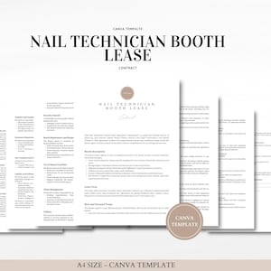 Puede incluir: Un documento imprimible en blanco y negro titulado "Nail Technician Booth Lease Contract" con un círculo marrón que contiene el texto "Nail Technician Booth Lease" en blanco. El documento es una plantilla de Canva y está formateado para el tamaño A4.