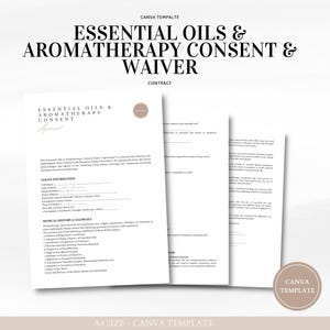 Könnte beinhalten: Ein druckbares Dokument mit dem Titel "Essential Oils & Aromatherapy Consent & Waiver" mit einem Vertragsteil und einem Abschnitt mit Kundeninformationen. Das Dokument ist eine Canva-Vorlage.