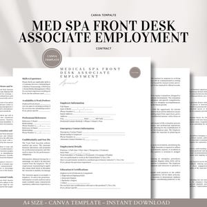 Könnte beinhalten: Eine druckbare Vorlage für einen Arbeitsvertrag für einen medizinischen Spa-Rezeptionisten. Das Dokument enthält Abschnitte für Fähigkeiten und Erfahrung, Verfügbarkeit und Arbeitspräferenzen, Mitarbeiterinformationen, Notfallkontaktdaten, Beschäftigungsdetails, Ausbildung und Zertifizierungen sowie allgemeine Geschäftsbedingungen.