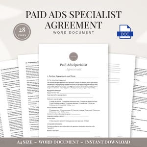Op de afbeelding: Een 28-pagina tellend Word-document sjabloon voor een overeenkomst met een betaalde advertentiespecialist in A4-formaat. Het document bevat secties voor partijen, betrokkenheid en voorwaarden, met selectievakjes voor advertentieplatforms.
