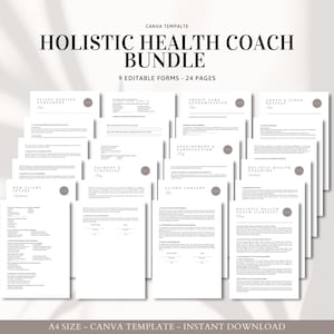 Könnte beinhalten: Ein Satz von neun druckbaren Formularen für ganzheitliche Gesundheitscoaches, die für die Verwendung mit Canva entwickelt wurden. Die Formulare sind in einem Stapel angeordnet und beinhalten Titel wie "Kunden-Service-Vereinbarung", "Ganzheitliches Gesundheitscoaching" und "Zahlung & Finanzen".