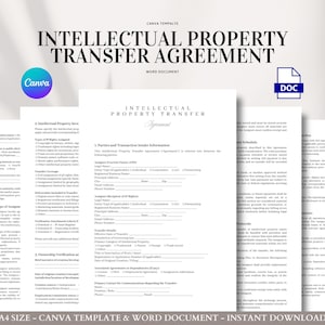 Pode incluir: Uma pilha de modelos de documentos brancos intitulados "Acordo de Transferência de Propriedade Intelectual". Os documentos incluem texto e campos preenchíveis. Os logotipos Canva e DOC são visíveis. O texto "A4 SIZE - CANVA TEMPLATE & WORD DOCUMENT - INSTANT DOWNLOAD" está na parte inferior.