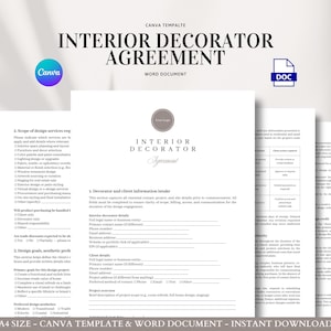Plantilla de contrato de decoración de interiores para proyectos de clientes y servicios de diseño, ideal para trabajos residenciales, de puesta en escena o de diseño electrónico.