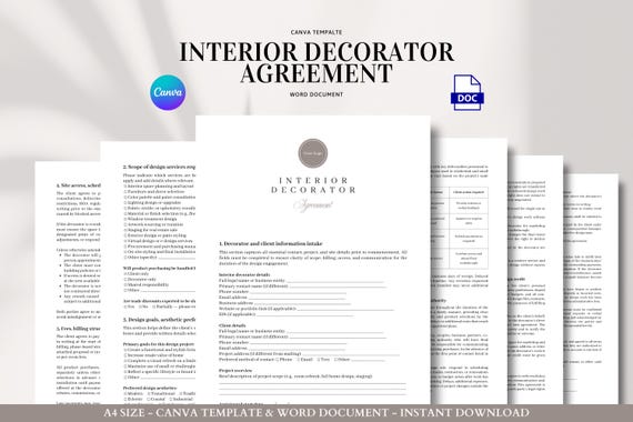 Interior Decorator Contract Template for Client Projects and Design Services, Ideal for Residential, Staging, or E-Design Work