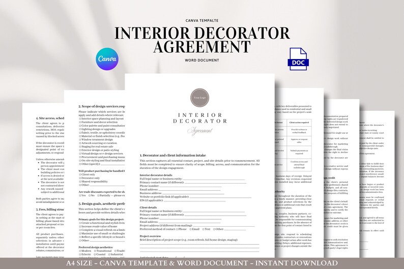 Interior Decorator Contract Template for Client Projects and Design Services, Ideal for Residential, Staging, or E-Design Work image 1