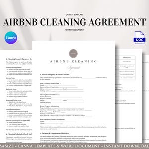 May include: Several white paper documents featuring the text "AIRBNB CLEANING AGREEMENT" in a minimalist design. The documents include a Canva logo and a DOC icon, indicating a template for cleaning services.