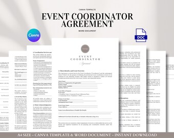 Event Coordinator Agreement Template for Weddings, Corporate, and Private Events, Editable Client Contract in Word and Canva