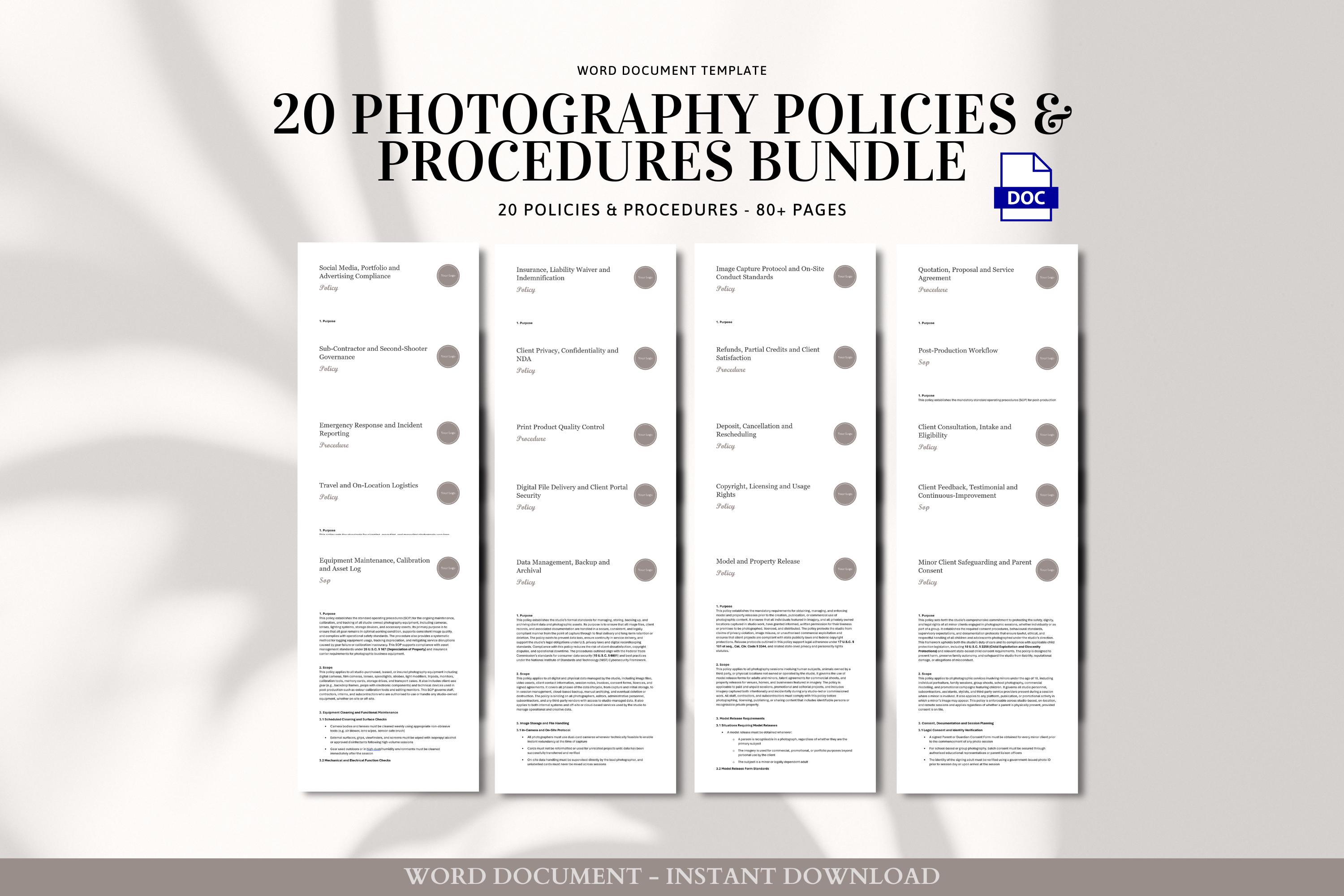 Photography Policies Procedures Bundle Documents Client Management Workflow Compliance Templates