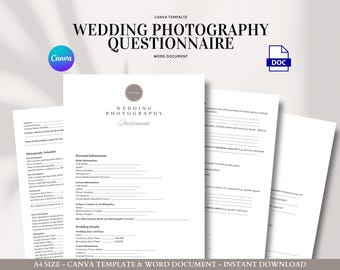 Wedding Photography Questionnaire Editable Client Intake Form for Bridal Details Shot List Timeline Venue and Vendor Info