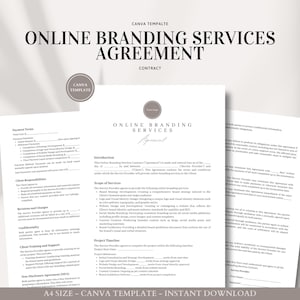 Op de afbeelding: Een zwart-witte, afdrukbare contracttemplate voor online branding services. Het document bevat secties voor de projectplanning, de verantwoordelijkheden van de klant en revisies en wijzigingen.