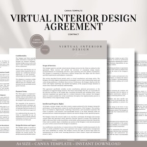Può includere: Un modello di contratto stampabile per servizi di progettazione di interni virtuali. Il documento include sezioni su riservatezza, ambito dei servizi, diritti di proprietà intellettuale e revisioni e approvazioni di progettazione. Il modello è progettato per l'uso con Canva ed è disponibile per il download immediato.