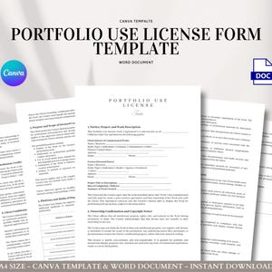 May include: A portfolio use license form template in a Word document format. The design includes the text "Portfolio Use License Form Template" and the Canva logo. The document is A4 size and available for instant download.