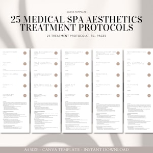 May include: A Canva template for 25 medical spa aesthetics treatment protocols. The template includes 75 pages and is available for instant download.