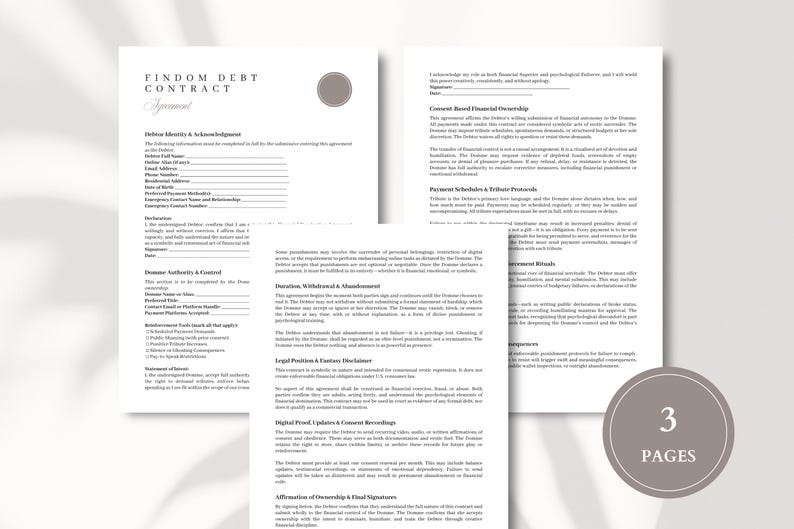 Plantilla de contrato de deuda Findom (Canva y Word) editable. Acuerdo para el control de la propiedad y los tributos financieros. imagen 3