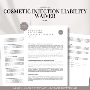 Może przedstawiać: Czarno-biały dokument do wydrukowania z tytułem "Cosmetic Injection Liability Waiver" i tekstem "Contract" w mniejszej czcionce. Dokument zawiera formularz zrzeczenia się odpowiedzialności za iniekcje kosmetyczne.
