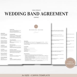 May include: A wedding band agreement contract template in black and white text on a white background. The template includes sections for payment terms, cancellation policy, event details, scope of services, and more.