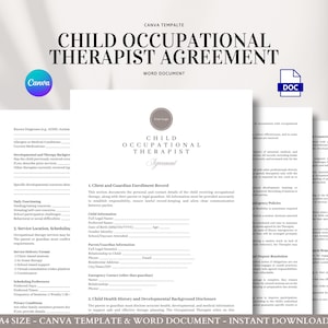 Può includere: Un insieme di documenti cartacei bianchi con il titolo "CHILD OCCUPATIONAL THERAPIST AGREEMENT". I documenti sono progettati per i servizi di terapia occupazionale, con sezioni per i dettagli del cliente e gli accordi di servizio. Il logo Canva è visibile.