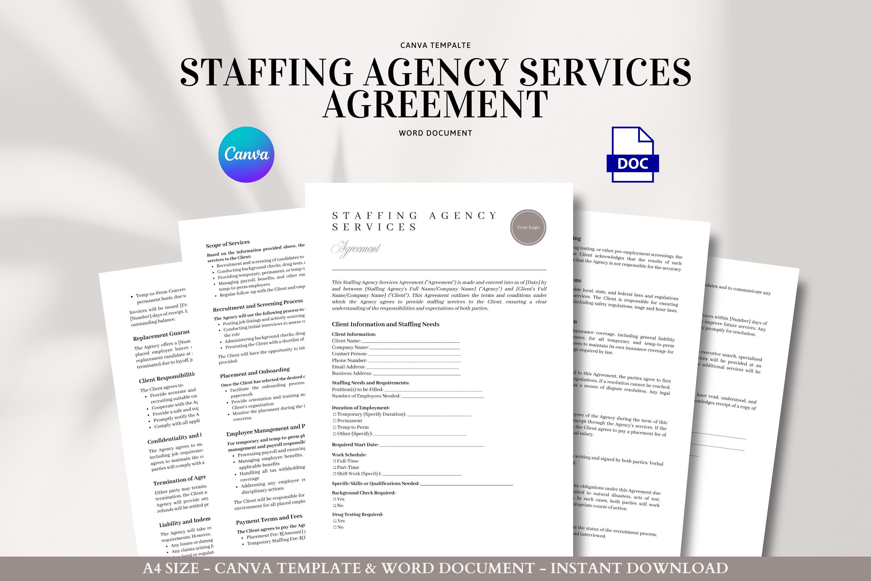Staffing Agency Contract Template Editable Client Agreement Recruitment