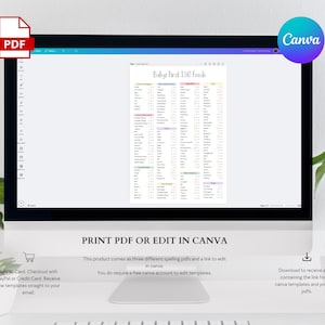 Puede incluir: Un monitor de ordenador muestra un documento titulado "Baby's First 150 Foods". La pantalla muestra una lista de alimentos. El texto "Print PDF or Edit in Canva" est&aacute; debajo. Un icono PDF est&aacute; en la esquina superior izquierda.