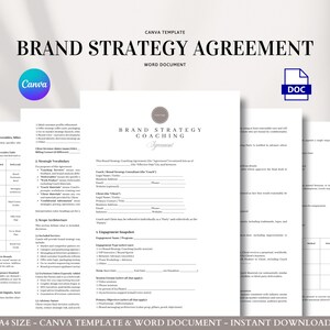 May include: A stack of white paper documents with the text "BRAND STRATEGY AGREEMENT" and "BRAND STRATEGY COACHING". The documents include the Canva and DOC logos. The text "A4 SIZE - CANVA TEMPLATE & WORD DOCUMENT - INSTANT DOWNLOAD" is at the bottom.
