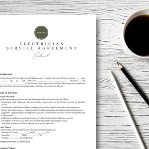 K&ouml;nnte beinhalten: Ein wei&szlig;es Dokument mit dem Titel "Electrician Service Agreement" und dem Text "Contract" in Schwarz. Das Dokument beschreibt die Bedingungen eines Elektriker-Servicevertrags.