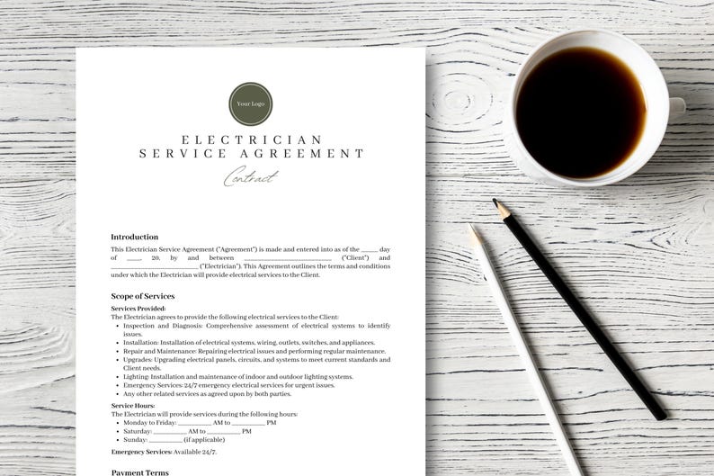 K&ouml;nnte beinhalten: Ein wei&szlig;es Dokument mit dem Titel "Electrician Service Agreement" und dem Text "Contract" in Schwarz. Das Dokument beschreibt die Bedingungen eines Elektriker-Servicevertrags.
