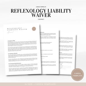 May include: A black and white printable document with the title "Reflexology Liability Waiver" and the text "Contract". The document includes sections titled "Assumption of Risk", "Exemption of Liability", and "Treatment Health Disclosure".