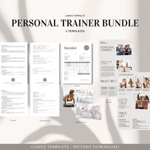 May include: A set of five printable Canva templates for personal trainers. The templates include a business card, invoice, questionnaire, contract, and a brochure with information about the trainer's services. The templates are designed in a minimalist style with a neutral colour palette.