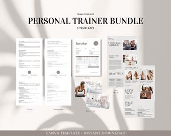 May include: A set of five printable Canva templates for personal trainers. The templates include a business card, invoice, questionnaire, contract, and a brochure with information about the trainer's services. The templates are designed in a minimalist style with a neutral color palette.