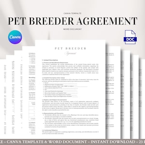 Pet Breeder Agreement Contract Template | Dog & Cat Breeding Contract with Health Guarantee, Spay/Neuter Addendum, and Delivery Clauses