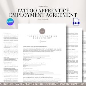 Modello di contratto di lavoro per apprendisti tatuatori per studi di tatuaggi e apprendisti, modificabile in Word e Canva
