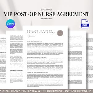 Acuerdo VIP de enfermería postoperatoria. Contrato editable de atención de recuperación para cirugía estética domiciliaria. Medicación de apoyo. Monitoreo de movilidad.