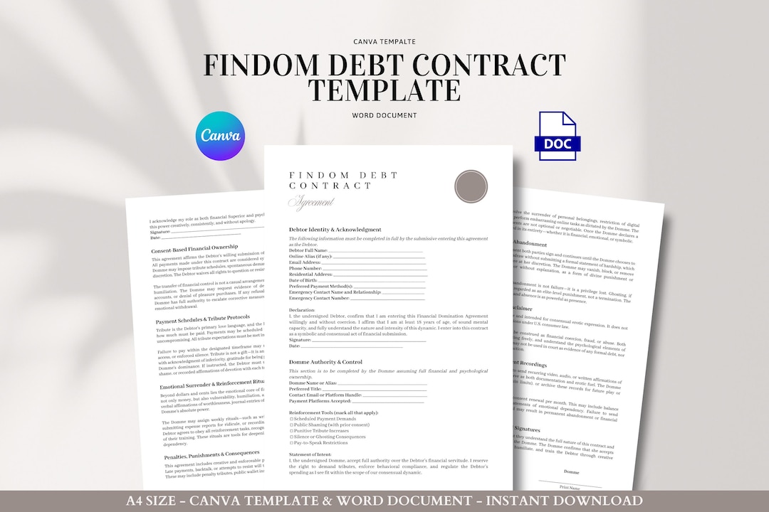 Findom Debt Contract Template Canva and Word Editable Agreement for