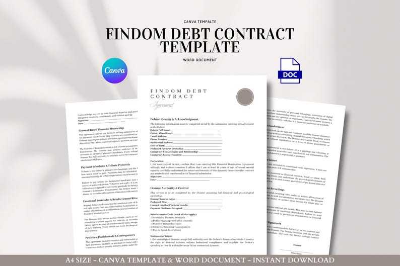 Plantilla de contrato de deuda Findom (Canva y Word) editable. Acuerdo para el control de la propiedad y los tributos financieros. imagen 1