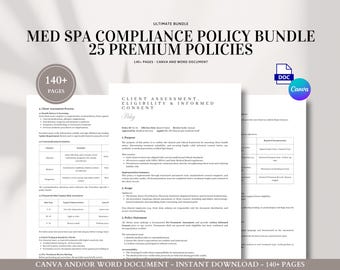 Könnte beinhalten: Ein Bundle mit 25 Premium-Med-Spa-Compliance-Richtlinien, einschließlich Kundenbewertung, Berechtigung und Einverständniserklärungen. Die Dokumente sind in Canva- und Word-Formaten mit über 140 Seiten verfügbar.