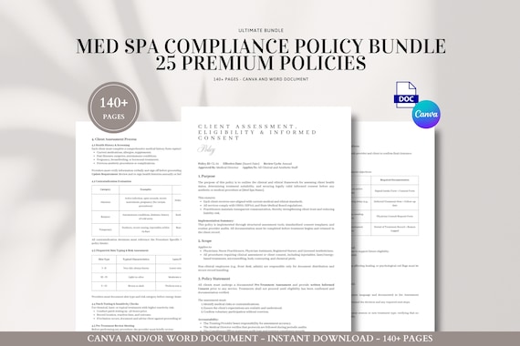 Medical Spa Compliance Policy Bundle 25 Premium OSHA, HIPAA Clinical Governance Policies for Med Spas, RN-Led Clinics & Aesthetic Practices