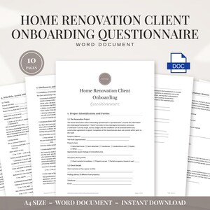 Home Renovation Client Questionnaire Editable Template | Contractor Intake, Scope of Work, Budget, Permits, Site Access, Material Selections